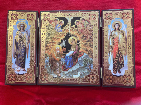 Traditional Byzantine-Style Nativity Icon - Triptych with Archangels Michael and Gabriel
